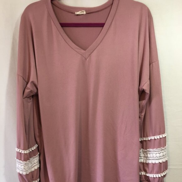 Lovely Melody Tops - Women's Pink V-Neck Top with Lace Detail